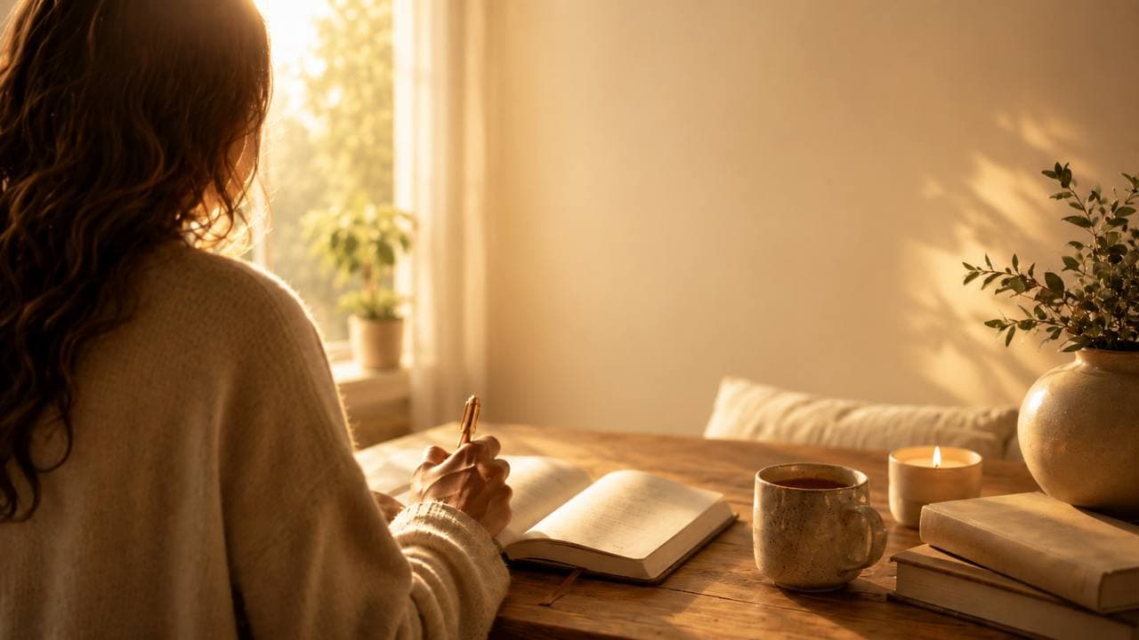 A quiet journaling moment introducing the future How Check-Ins Work film.
